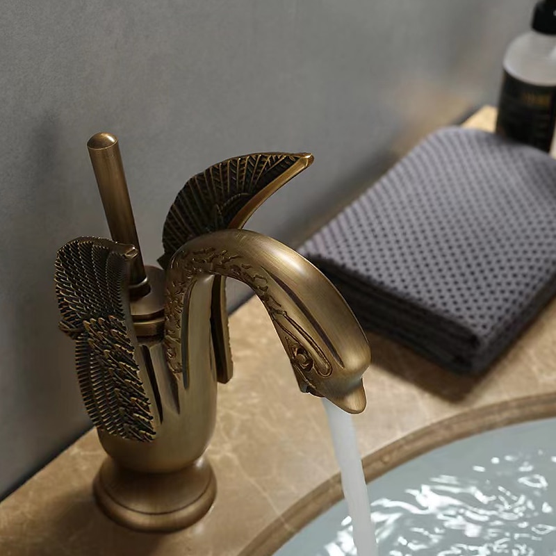 Vintage Bathroom Sink Mixer Faucet Brass Swan Shap, Monobloc Washroom Basin Taps Single Handle One Hole Deck Mounted, Mono Water Vessel Tap Hot and Cold Hose Antique Retro 2025 - CAD $124.78 –P8