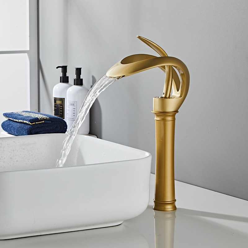 Bathroom Sink Faucet Waterfall Spout, Brass Mixer Basin Taps, Single Handle One Hole Bath Taps Painted Finishes Tall Body Modern Style 2025 - CAD $175.89 –P12