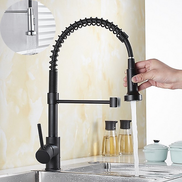Kitchen Sink Mixer Faucet with Pull Down Sprayer 360 swivel High Arc Single Handle Spring Kitchen Taps Deck Mounted One Hole Brass Kitchen Sink Faucet Centerset Water Taps 2025 - CAD $103.99 –P6