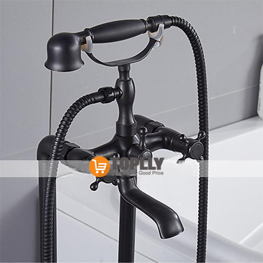 Bathtub Faucet Floor Mounted Brass Retro Style Telephone Shape Brass Electroplated Finish Two Handles Two Holes Shower Faucet with Handshower and Drain 2025 - CAD $446.99 –P8