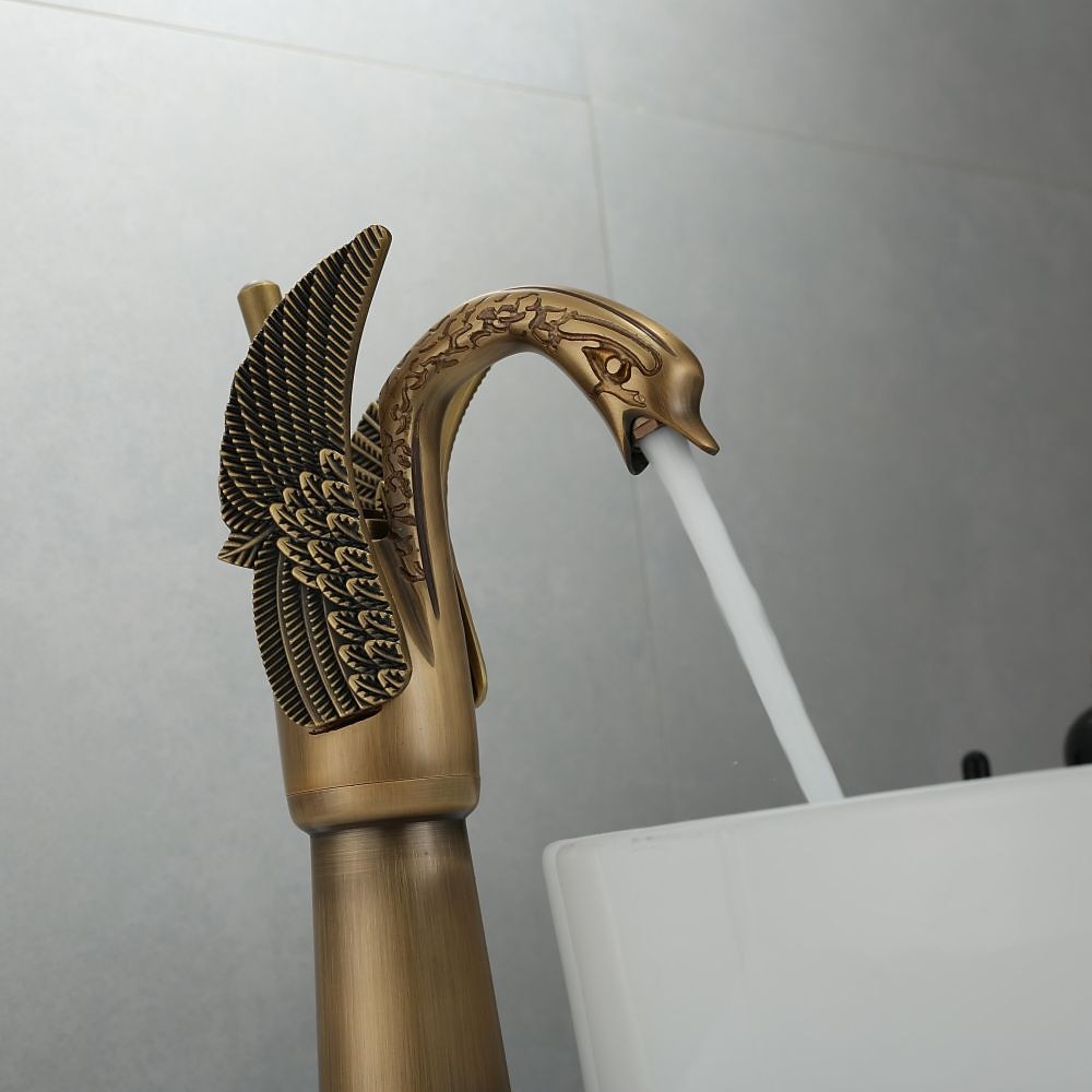 Antique Bathroom Sink Mixer Faucet, Washroom Basin Taps Brass Swan Shape Copper Electroplated Finish Vintage Style Single Handle One Hole Water Taps with Cold Hot Hose 2025 - CAD $95.99 –P11