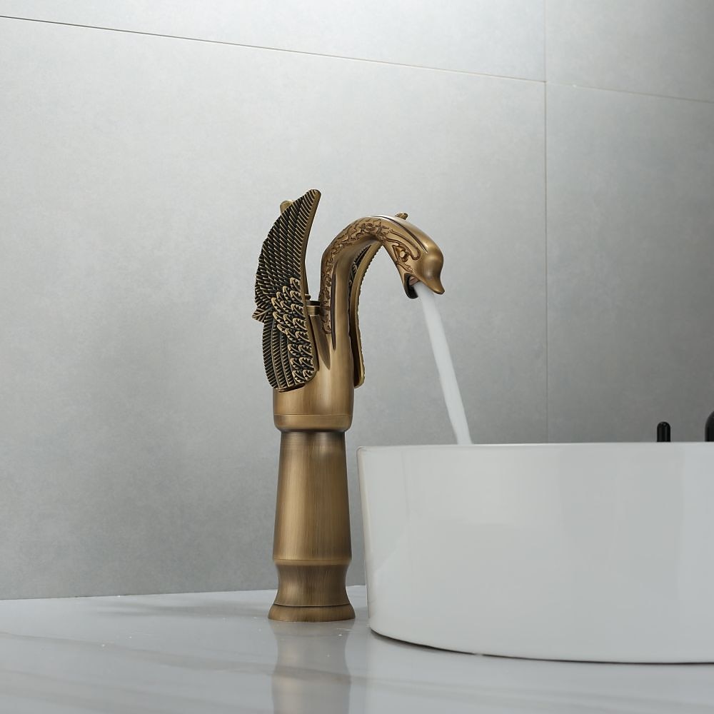 Antique Bathroom Sink Mixer Faucet, Washroom Basin Taps Brass Swan Shape Copper Electroplated Finish Vintage Style Single Handle One Hole Water Taps with Cold Hot Hose 2025 - CAD $95.99 –P8