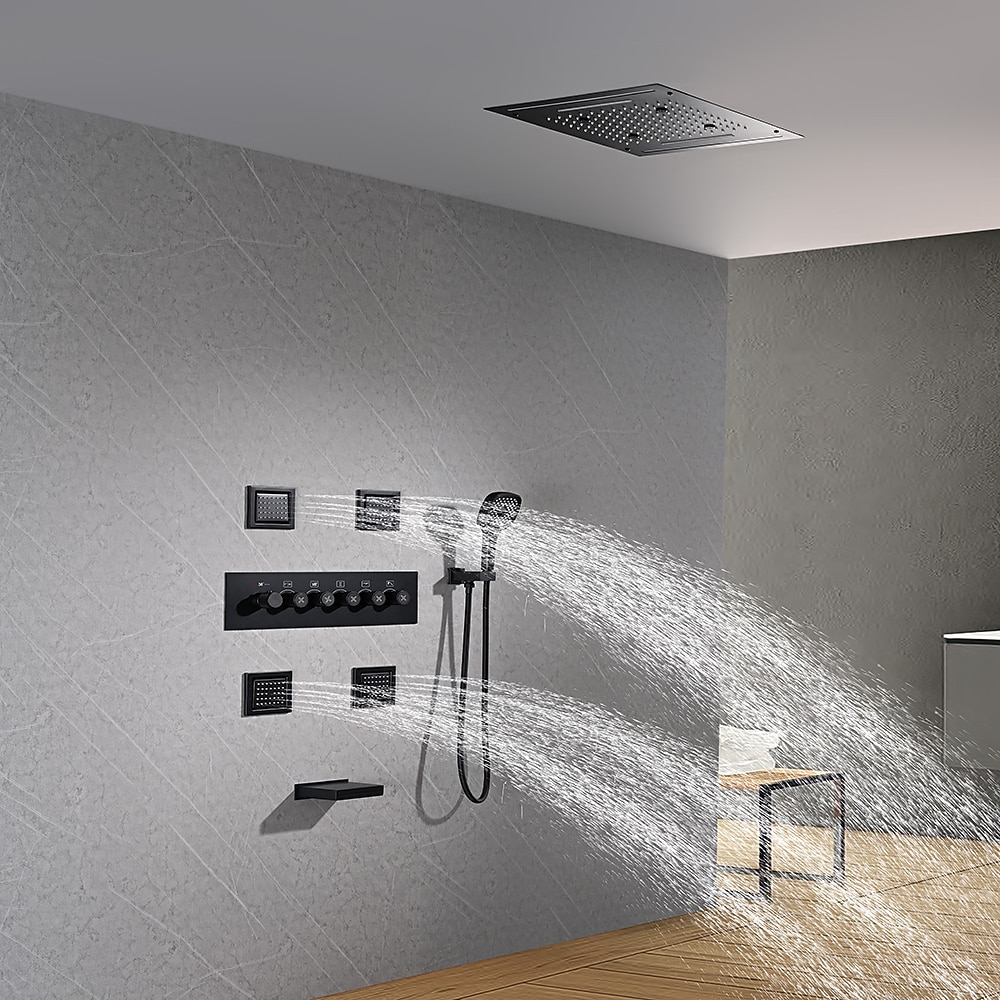 Shower FaucetRainfall Shower System Thermostatic Mixer valve Body Jet Massage Set - Rainfall Shower Multi Spray Shower Waterfall Contemporary Painted Finishes Mount Inside Brass Valve 2025 - CAD $1594.99 –P6