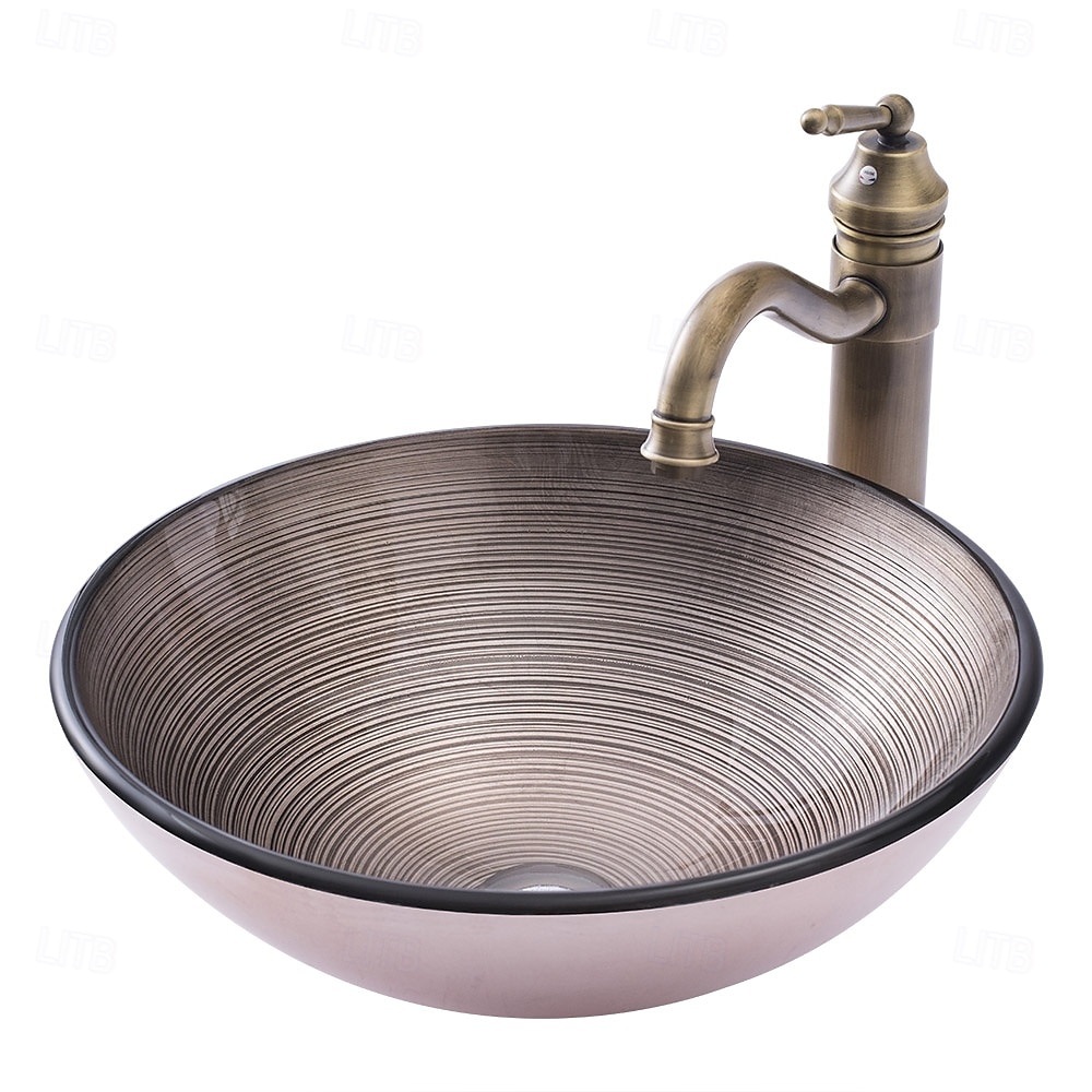 Vessle Sink Circular Stripe Design Basin Modern Tempered Glass Vessel Sink for Bathroom Bathroom Sink Set with Vintage Faucet 2025 - CAD $366.99 –P1