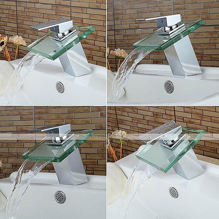 Modern Chrome Glass Waterfall Bathroom Basin Single Handle One Hole Bath Taps with Hot and Cold Water Switch 2025 - CAD $71.99 –P2