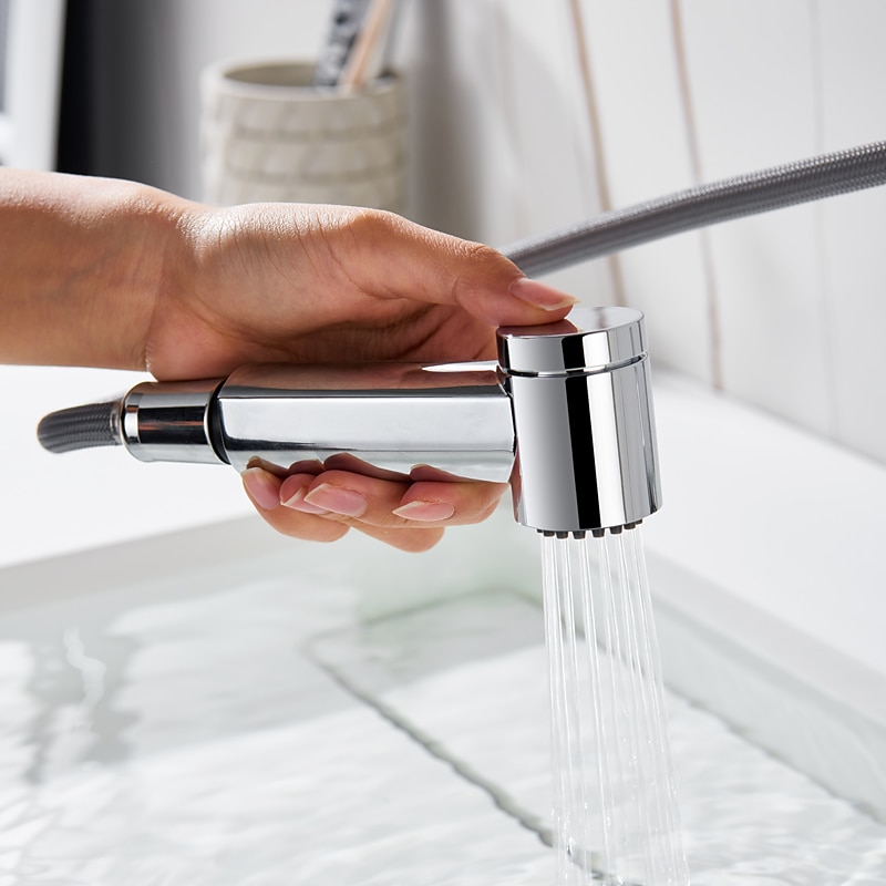 Bathroom Sink Faucet with Pull Out Spray,Brass Liftable 3-modes Electroplated / Painted Finishes Centerset Single Handle One Hole Lavatory Rotating Spout for Cold and Hot Water Bath Taps 2025 - CAD $159.99 –P5