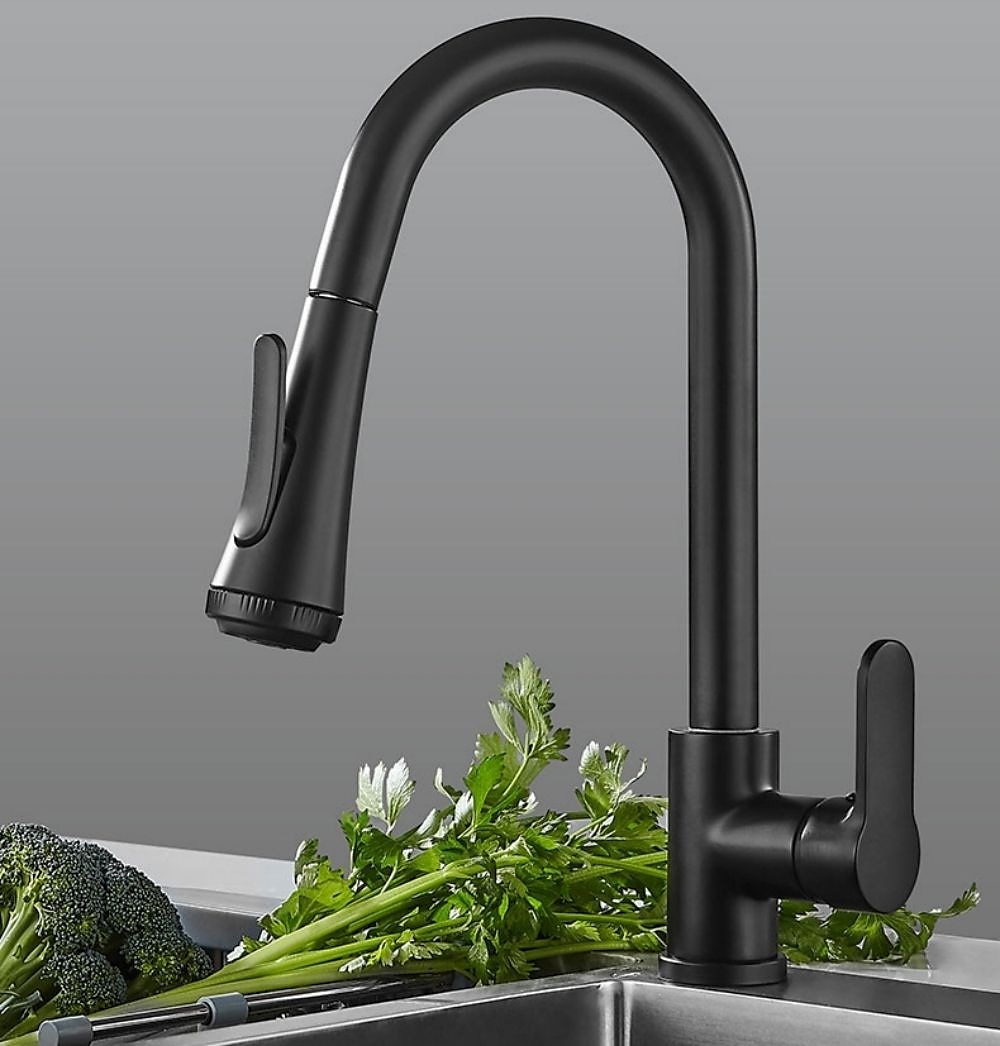 Kitchen Faucet with SprayerMatte Black Brass 4-Function Single Handle One Hole Button Design Pull-out / Pull-down Centerset Contemporary Kitchen Taps(with Soap Dispenser) 2025 - CAD $127.99 –P10