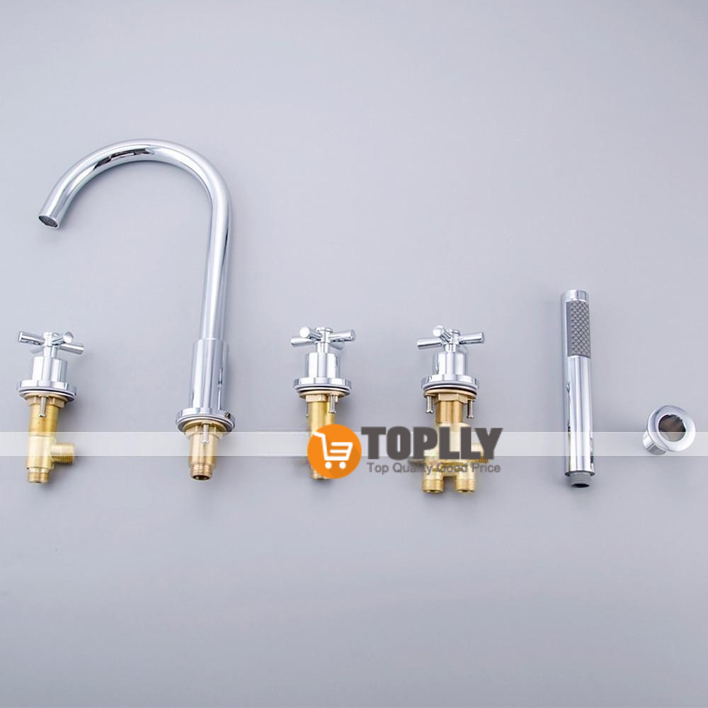 Bathtub Faucet 5 Hole Bathroom Tub Taps Deck Mounted 3 Handle Sink Mixer Hot and Cold Bathroom Shower Faucets with Handshower Handheld Tap 2025 - CAD $255.99 –P5