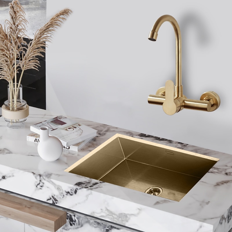 Kitchen faucet - Single Handle Two Holes Brushed Gold Tall /High Arc Wall Mounted Contemporary Kitchen Taps 2025 - CAD $175.99 –P2