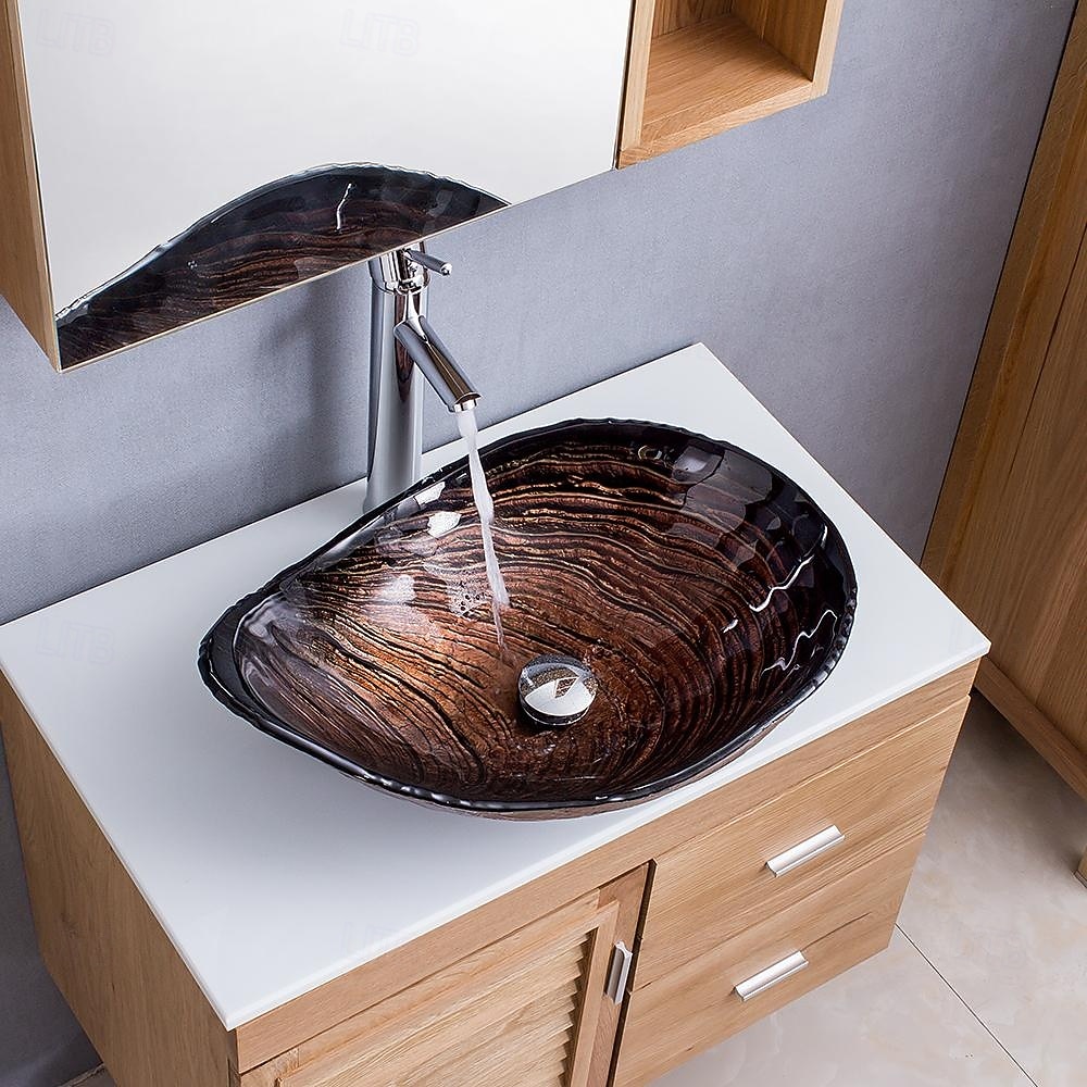 Modern simple clear light carving yuan treasure basin tempered glass wash basin with waterfall faucet basin support sink BWY19-193 2025 - CAD $446.99 –P12