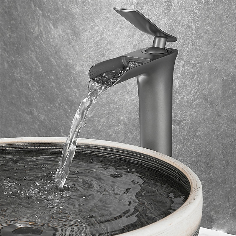 Waterfall Bathroom Sink Mixer Faucet Tall, Mono Wash Basin Single Handle Basin Taps Washroom with Hot and Cold Hose Monobloc Vessel Water Brass Tap Deck Mounted Grey Black Golden 2025 - CAD $151.99 –P3