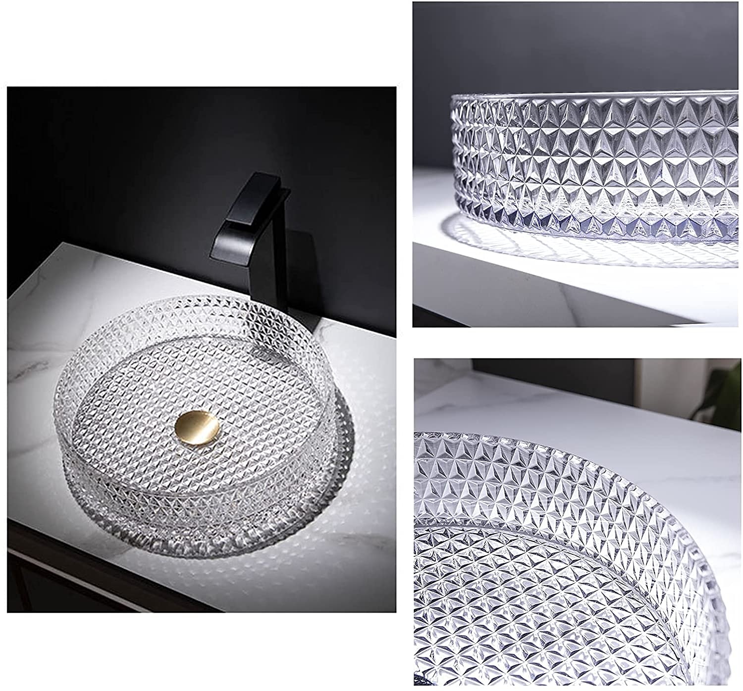 Bathroom Vessel Sink with Black Faucet Modern Clear Tempered Glass Basin with Pop-Up Drain Artistic Round Basin Bowl Set Above Counter Vanity Sink 2025 - CAD $478.99 –P4