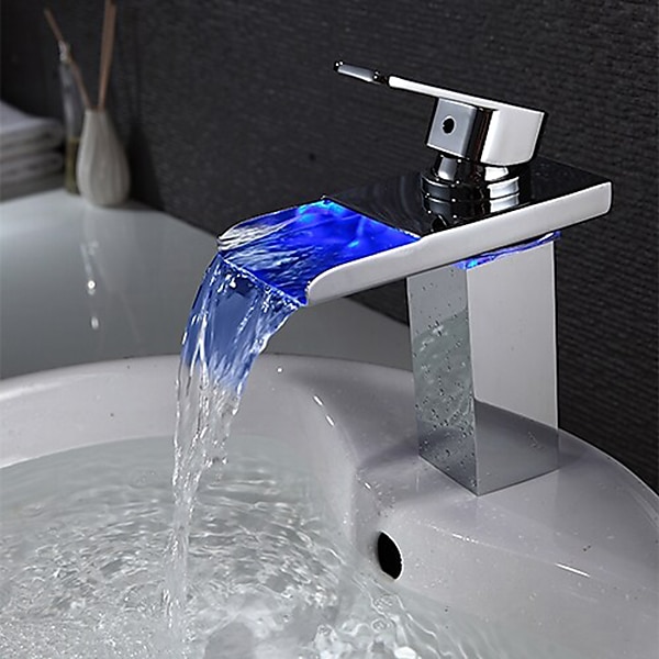 Bathroom Sink Faucet with Supply Hose,LED Waterfall Spout Single Handle Single Hole Vessel Lavatory Faucet,Slanted Body Basin Mixer Tap 2025 - CAD $119.99 –P6