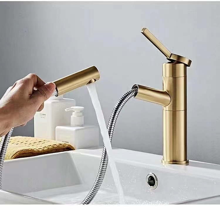 Bathroom Sink Faucet with Pull-out Spray,Brushed Gold Single Handle One Hole Brass Faucet Spout With Hot and Cold Water 2025 - CAD $119.99 –P1