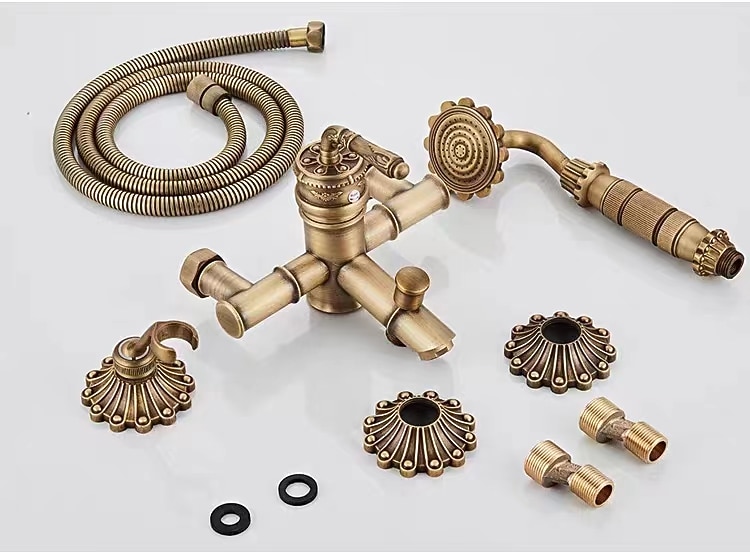 Shower Faucet Set Wall Mounted Vintage Brass Shower System Handheld Sprayer with Tub Spout Cold and Hot Hose 2025 - CAD $127.99 –P2
