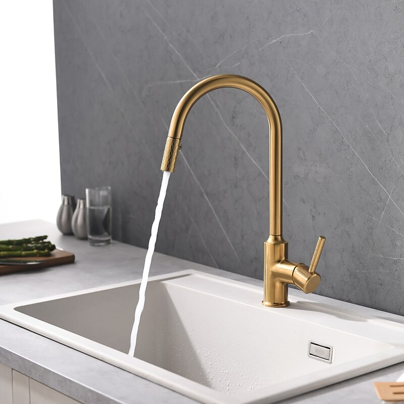 Kitchen Sink Mixer Faucet Pull Out Single Lever Handle Brushed Solid Brass Taps Cold Hot Hose One Hole with Pull Down Sprayer Black Gold Faucets 2025 - CAD $167.99 –P8