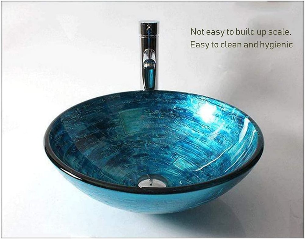 Round Artistic Vanity Basin Sink Bathroom Vessel Tempered Glass Bowl 16.5 inch Art Wash Basin Mixer Faucet Set with Pop-up Drain Boat Shape Countertop Above Counter Washroom 2025 - CAD $328.99 –P4