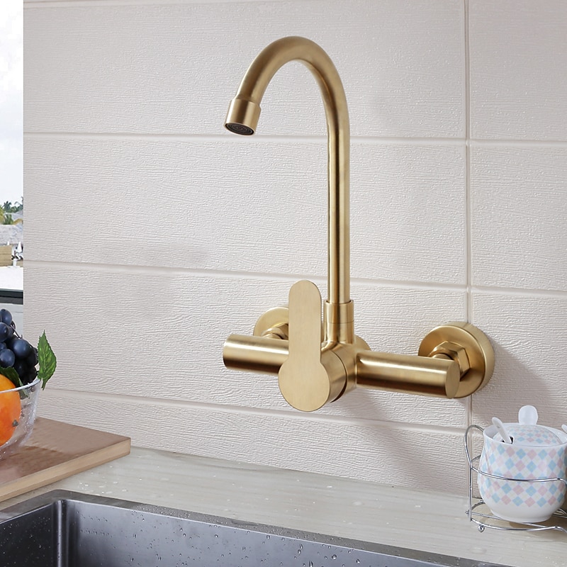Kitchen faucet - Single Handle Two Holes Brushed Gold Tall /High Arc Wall Mounted Contemporary Kitchen Taps 2025 - CAD $175.99 –P1
