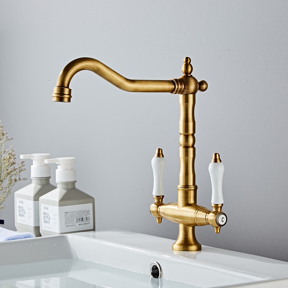 Twin Lever Traditional Kitchen Sink Mixer Taps, Dual Lever Cold and Hot Faucet Deck Mounted, 360° Swivel Spout Sink Tap with 2 Ceramic Handles, Antique Brass Classic Double Handle for Kitchen Bathroom 2025 - CAD $111.99 –P13