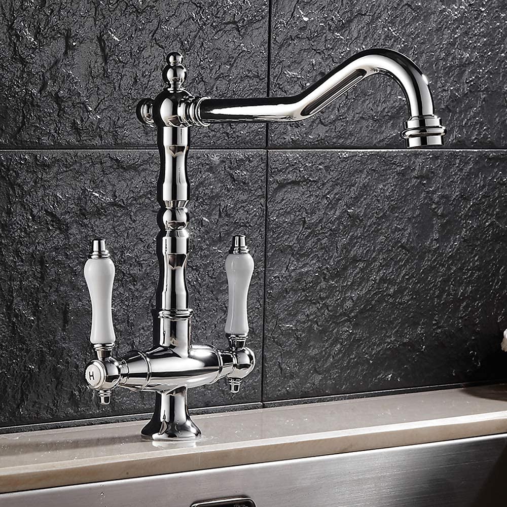 Twin Lever Traditional Kitchen Sink Mixer Taps, Dual Lever Cold and Hot Faucet Deck Mounted, 360° Swivel Spout Sink Tap with 2 Ceramic Handles, Antique Brass Classic Double Handle for Kitchen Bathroom 2025 - CAD $111.99 –P2