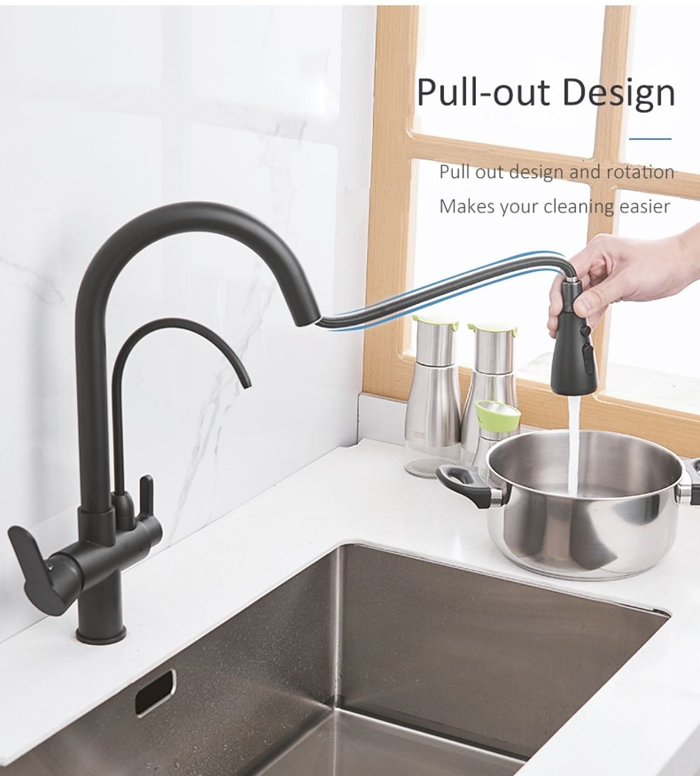 Kitchen Sink Mixer Faucet Pull Out Sprayer with Soap Dispenser 360 swivel Black Single Handle Brass Taps Pull Down Deck Mounted Hot Cold Water Hose Filter Tap 2025 - CAD $103.99 –P7