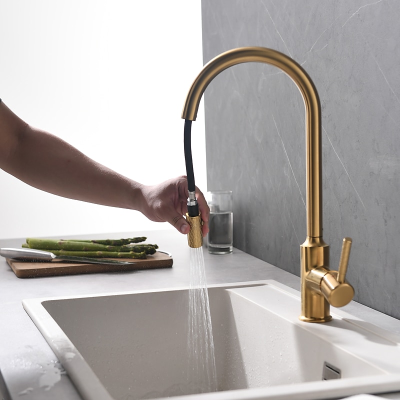 Kitchen Sink Mixer Faucet Pull Out Single Lever Handle Brushed Solid Brass Taps Cold Hot Hose One Hole with Pull Down Sprayer Black Gold Faucets 2025 - CAD $167.99 –P6