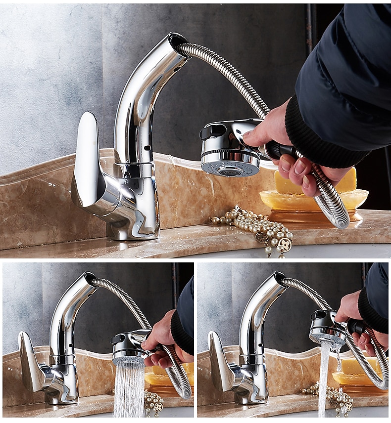 Matte Black Bathroom Basin Faucet Pull Out Spout Rotatable Liftable Body Deck Mounted Hot and Cold Water Mixer Tap 2025 - CAD $87.99 –P9