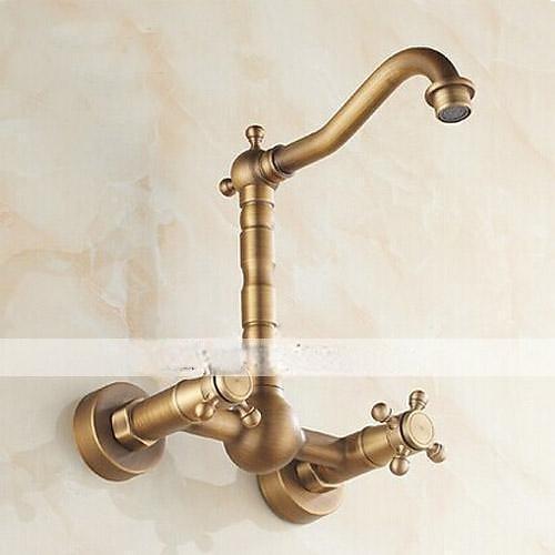 Vintage Kitchen Sink Mixer Faucet Wall Mounted 360 Swivel Spout Retro Style Brass 2 Handle 2 Hole Vessel Taps Traditional Kitchen Taps with Hot and Cold Water Hose 2025 - CAD $111.99 –P2