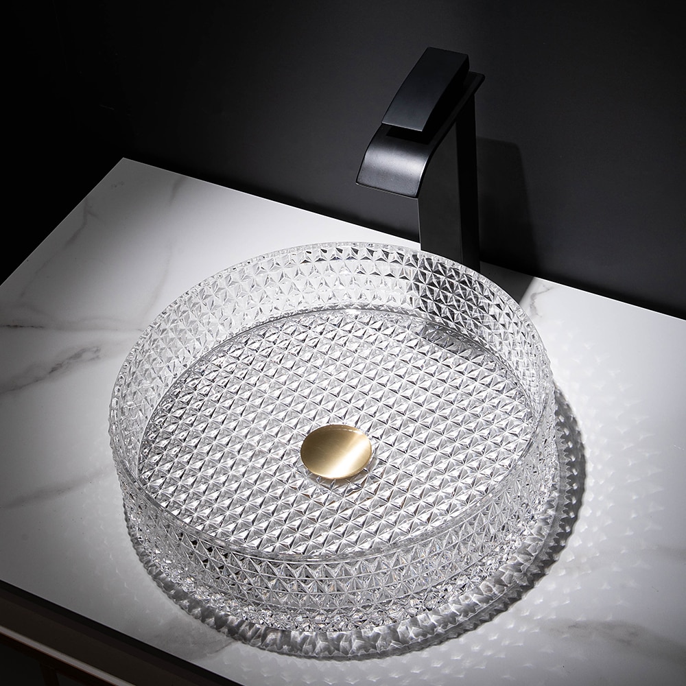 Bathroom Vessel Sink with Black Faucet Modern Clear Tempered Glass Basin with Pop-Up Drain Artistic Round Basin Bowl Set Above Counter Vanity Sink 2025 - CAD $478.99 –P12