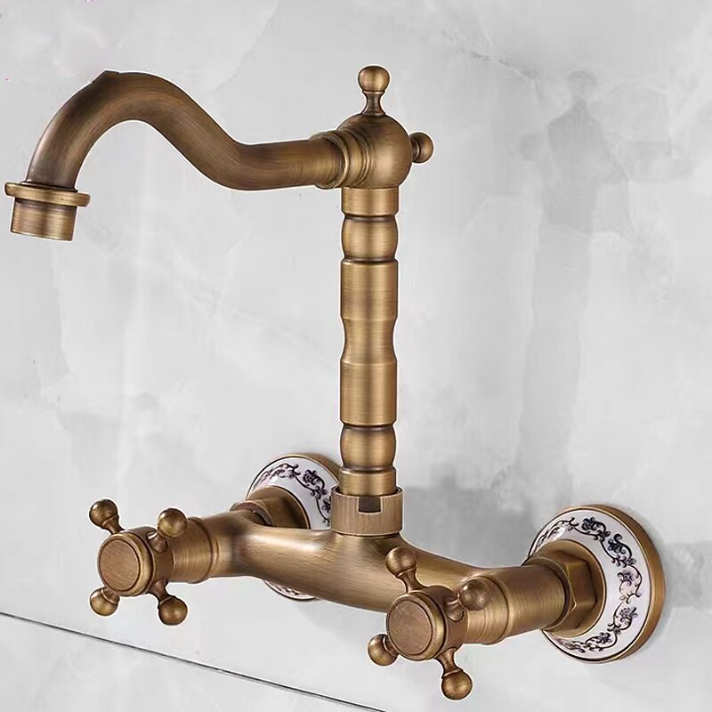Vintage Brass Bathtub Faucet Wall Mounted Dual Handle Bath Tub Taps Bathroom Mixer Tap with Cold and Hot Hose 2025 - CAD $71.99 –P12