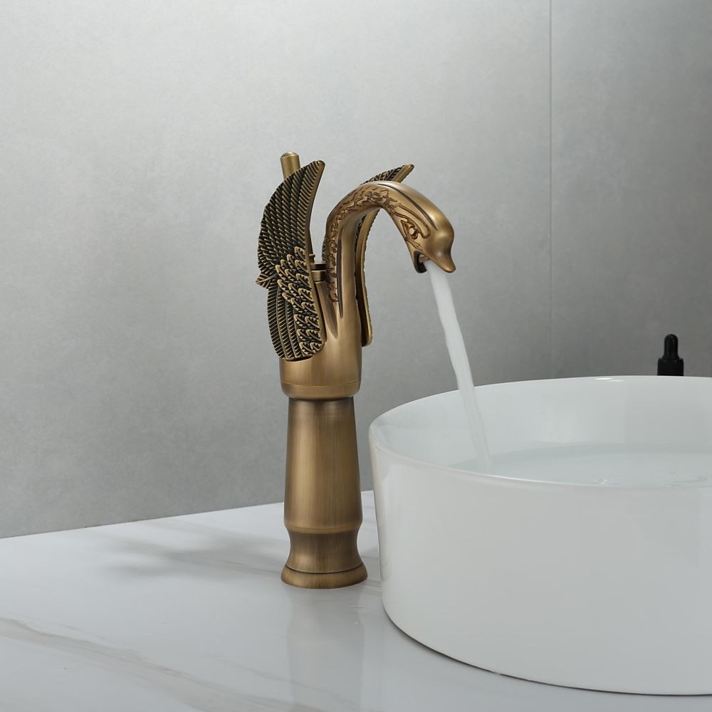 Antique Bathroom Sink Mixer Faucet, Washroom Basin Taps Brass Swan Shape Copper Electroplated Finish Vintage Style Single Handle One Hole Water Taps with Cold Hot Hose 2025 - CAD $95.99 –P7
