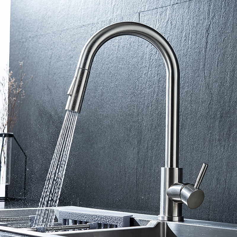 Kitchen Sink Mixer Faucet Stainless Steel with Pull Out Sprayer 360° Rotatable Multi-function Pull Down Single Handle Kitchen Vessel Tap Brushed Gold Finish 2025 - CAD $127.99 –P10