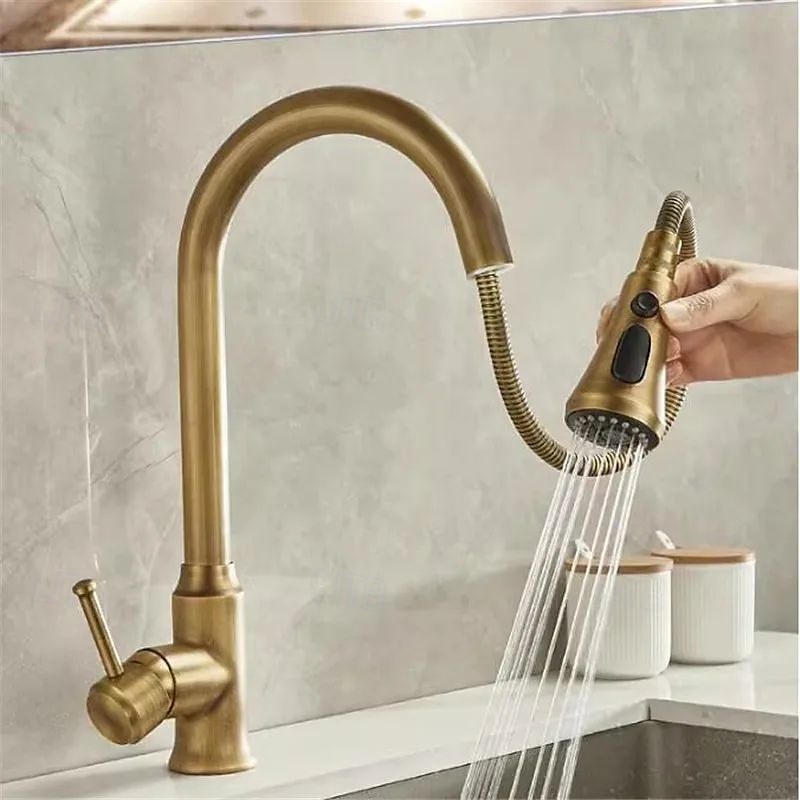Kitchen faucet - Single Handle One Hole Electroplated Pull-out / Pull-down Centerset Retro Vintage Kitchen Taps 2025 - CAD $131.18 –P7