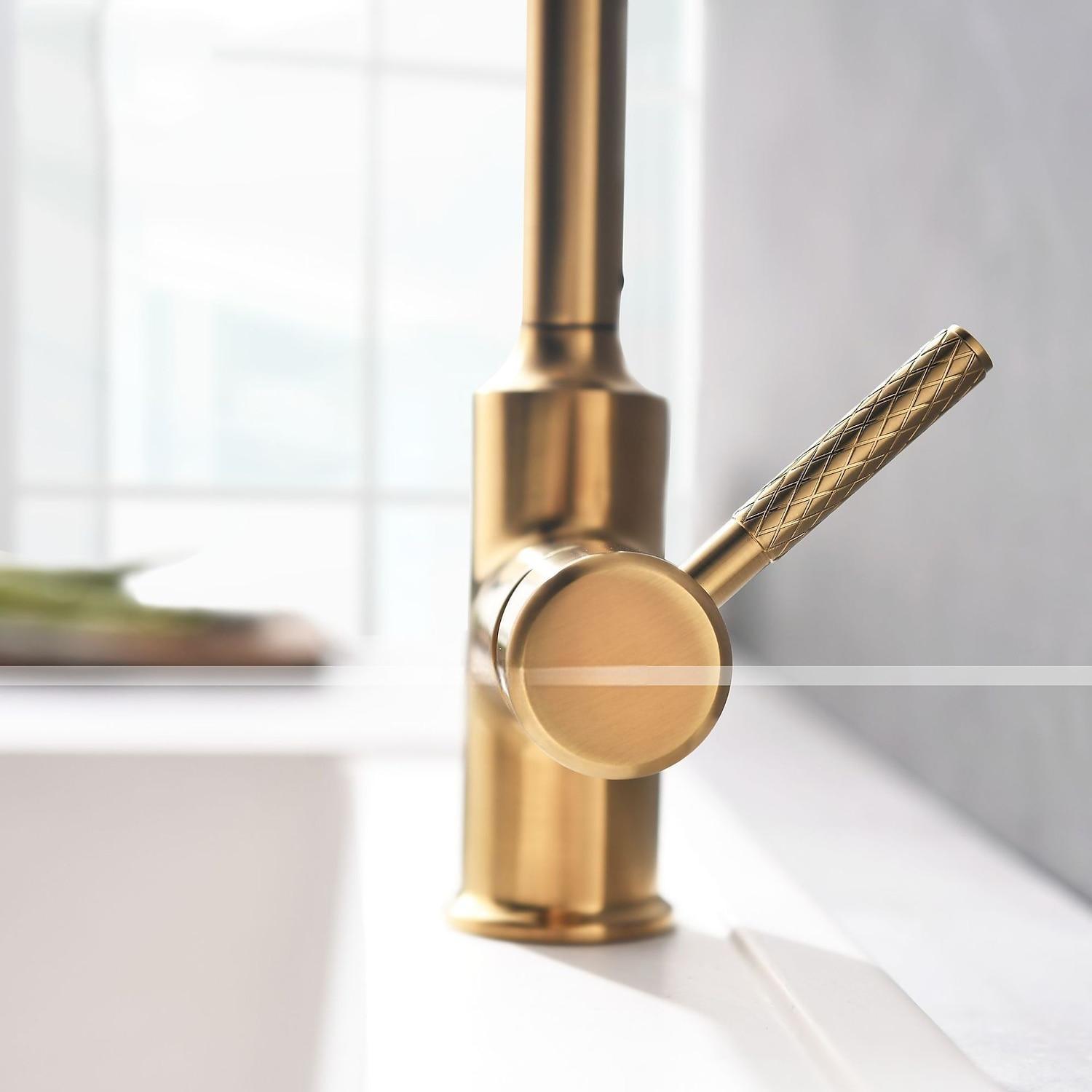 Kitchen Sink Mixer Faucet Pull Out 360 swivel Single Lever Handle Brushed Solid Brass Taps Cold Hot Hose One Hole with Pull Down Sprayer Black Gold Faucets 2025 - CAD $135.99 –P6