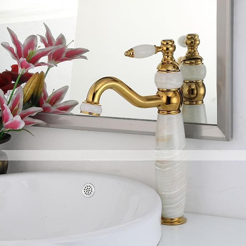 Bathroom Sink Faucet Ultra Faucets Euro Collection Gold with Stone Single Handle - One Hole Tall Body Deck Mount Lavatory Vessel Sink Faucet With Curved Spout 2025 - CAD $199.99 –P7