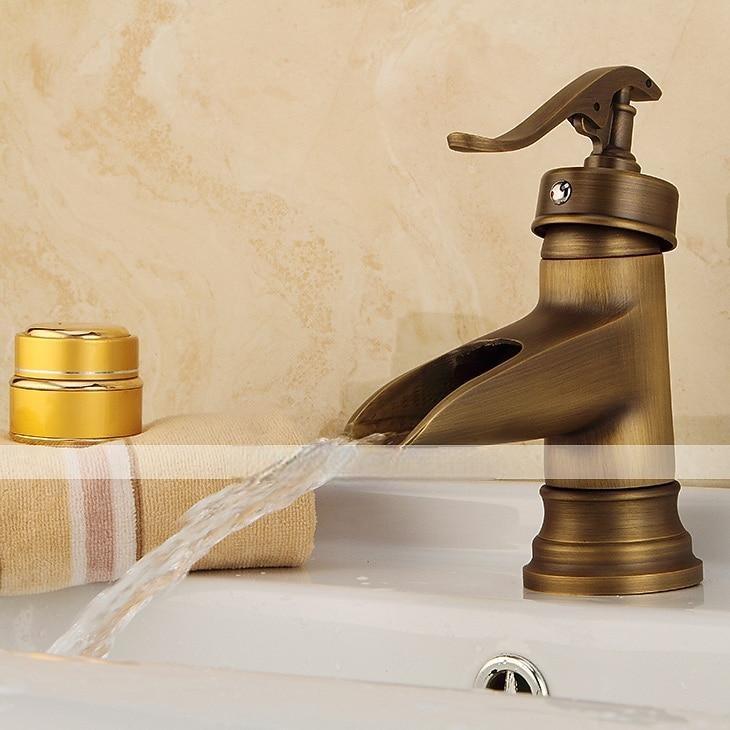 Bathroom Sink Faucet,Waterfall Antique Brass Single Handle One Hole Bath Taps with Hot and Cold Switch 2025 - CAD $87.99 –P4