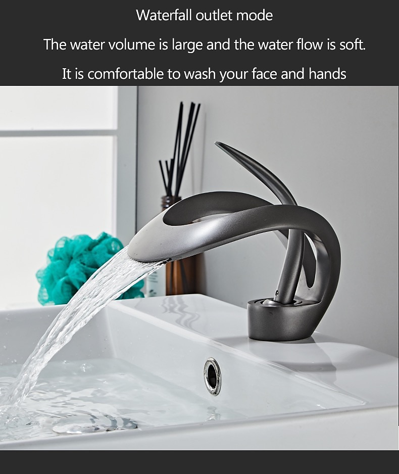 Black Bathroom Sink Mixer Faucet Waterfall Spout, Brass Basin Taps Single Handle One Hole Vessel Bathroom Tap with Hot and Cold Switch Golden Grey Chrome 2025 - CAD $159.99 –P6