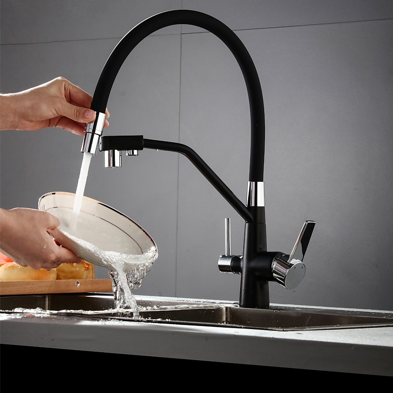 Kitchen Faucet Pull Down Spray Head Purified Water Dual Spout Taps Sink Mixer Deck Mounted  360 Rotating Twin Handle High Arc Flexible Tube Vessel Brass Tap 2025 - CAD $159.99 –P4