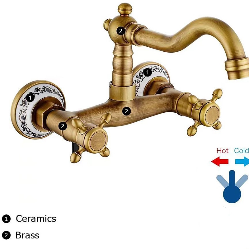 Vintage Brass Bathtub Faucet Wall Mounted Dual Handle Bath Tub Taps Bathroom Mixer Tap with Cold and Hot Hose 2025 - CAD $71.99 –P3