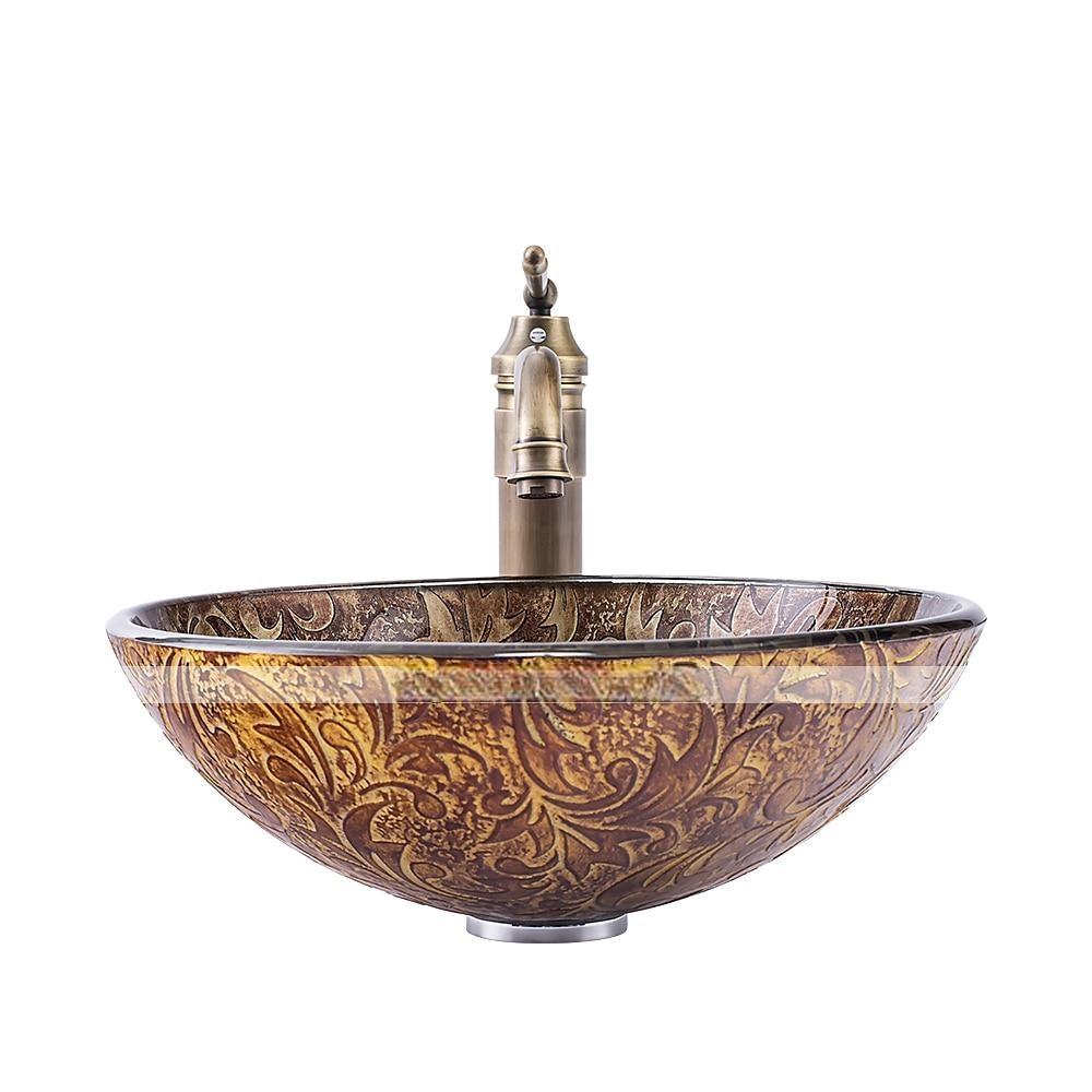 Vintage Bathroom Vessel Sink Set Round 16.5"x5.7" Sink Mixer Faucet and Drain Combo with Pop-up Drain Boat Shape Tempered Glass Artistic Vessel Vanity Sink Bowl Above Counter Sink Art Wash Basin 2025 - CAD $287.99 –P5