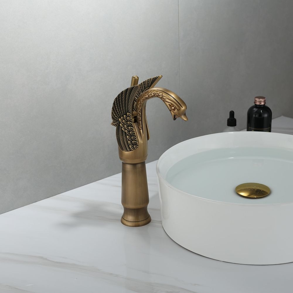 Antique Bathroom Sink Mixer Faucet, Washroom Basin Taps Brass Swan Shape Copper Electroplated Finish Vintage Style Single Handle One Hole Water Taps with Cold Hot Hose 2025 - CAD $95.99 –P6