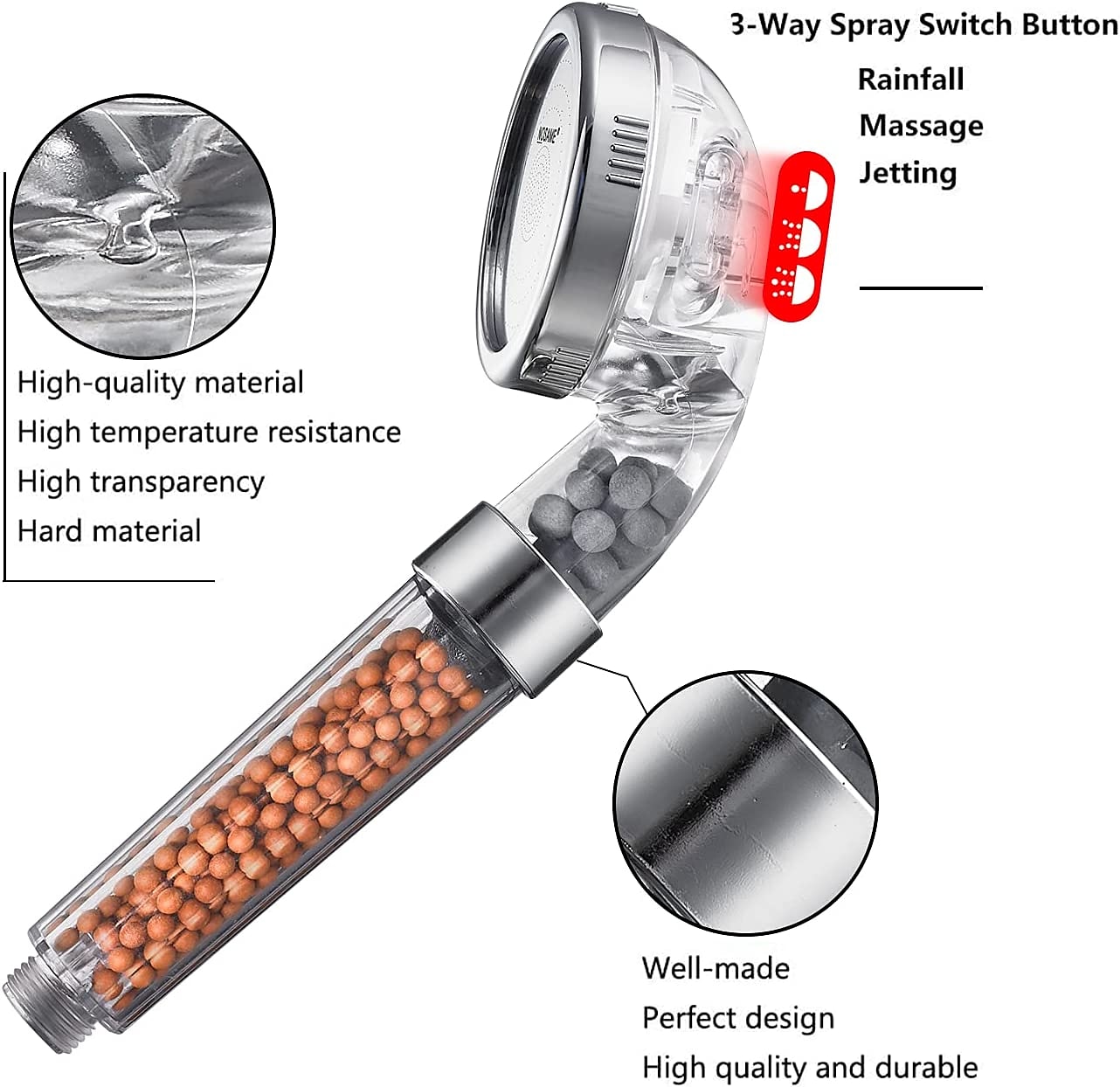 Stainless Steel Shower Head Filter Filtration High Pressure Water Saving 3 Mode Function Spray Handheld Showerheads for Dry Skin & Hair 2025 - CAD $3.99 –P5