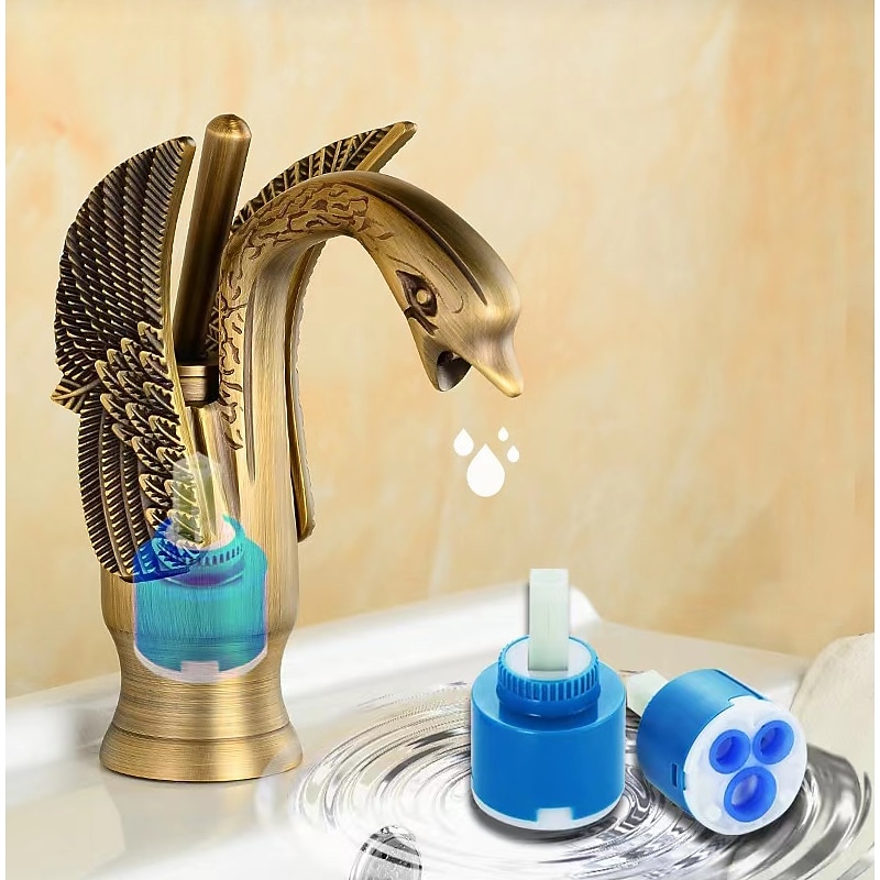 Vintage Bathroom Sink Mixer Faucet Brass Swan Shap, Monobloc Washroom Basin Taps Single Handle One Hole Deck Mounted, Mono Water Vessel Tap Hot and Cold Hose Antique Retro 2025 - CAD $124.78 –P4