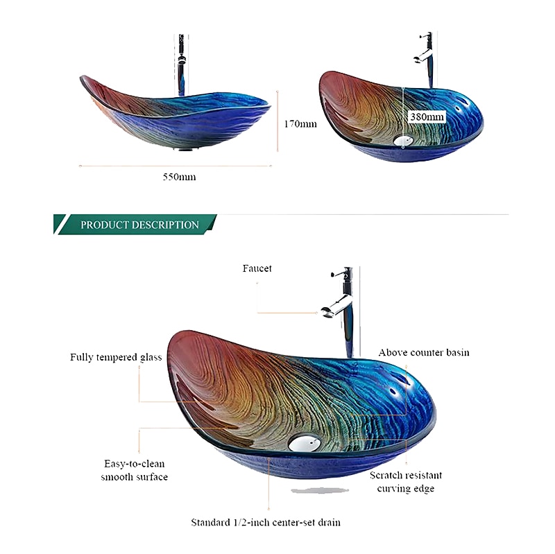 Bathroom Vessel Sink Rectangular 21"x15" Sink Mixer Faucet and Drain Combo with Pop-up Drain Boat Shape Color Tempered Glass Artistic Vanity Sink Bowl Above Counter Washroom Sink Art Wash Basin 2025 - CAD $366.99 –P2