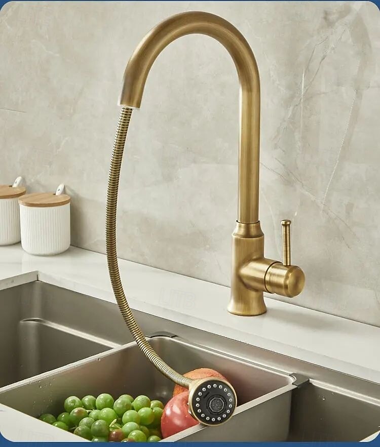 Kitchen faucet - Single Handle One Hole Electroplated Pull-out / Pull-down Centerset Retro Vintage Kitchen Taps 2025 - CAD $131.18 –P3