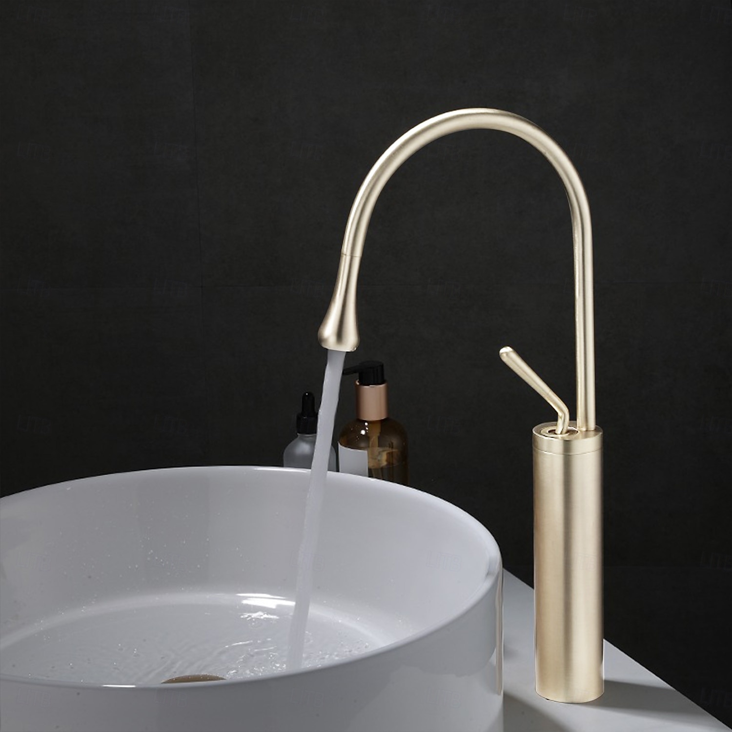 Bathroom Sink Mixer Faucet Brushed Gold Tall Deck Mounted, High Arc Vessel Tap Single Handle One Hole Standard Spout Wahsroom Basin Taps with Cold and Hot Water Hose 2025 - CAD $135.99 –P2