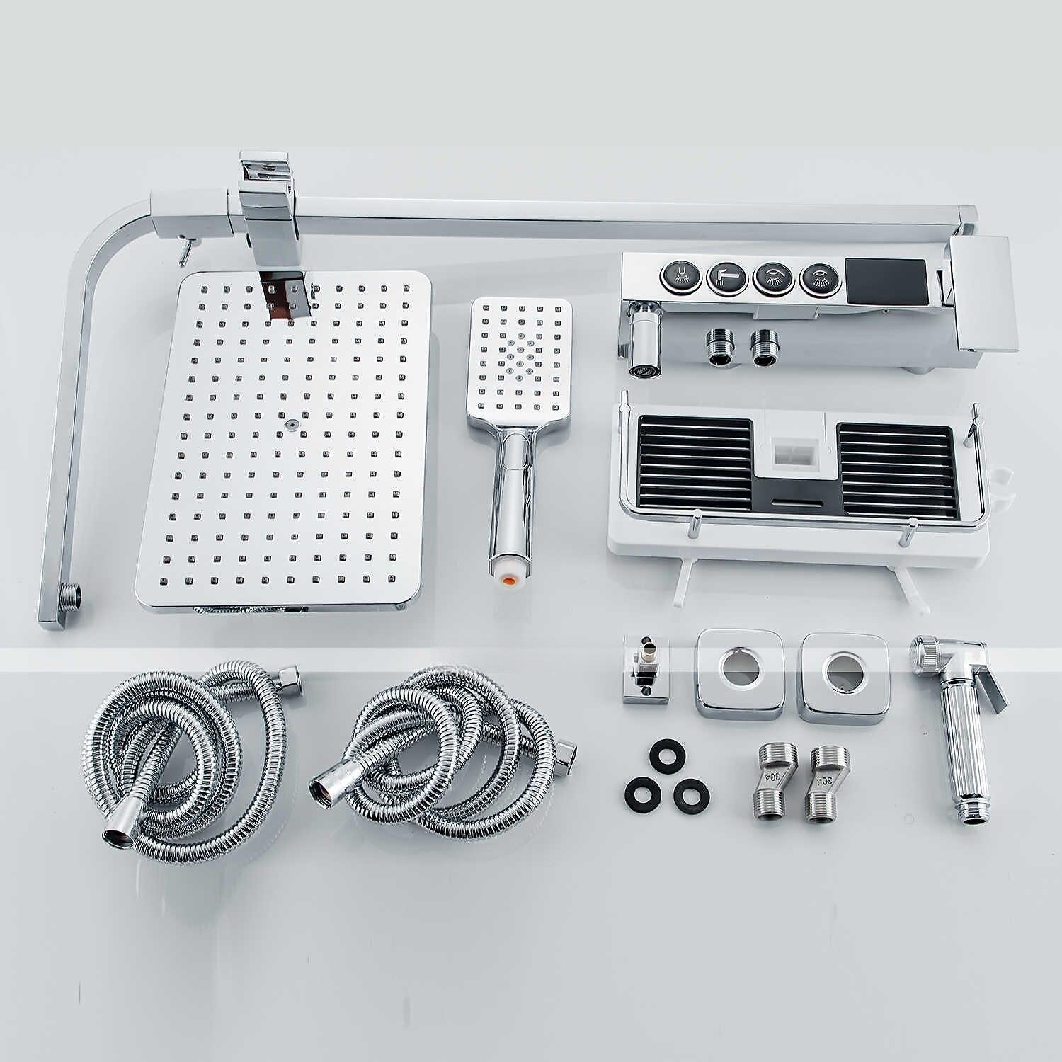 Shower Faucet with LED Display Thermostatic Mixer valve Set Handshower Included Pullout/Shelf Rainfall Shower Electroplated Mount Outside Ceramic Valve Bath Shower Mixer Taps 2025 - CAD $446.99 –P11