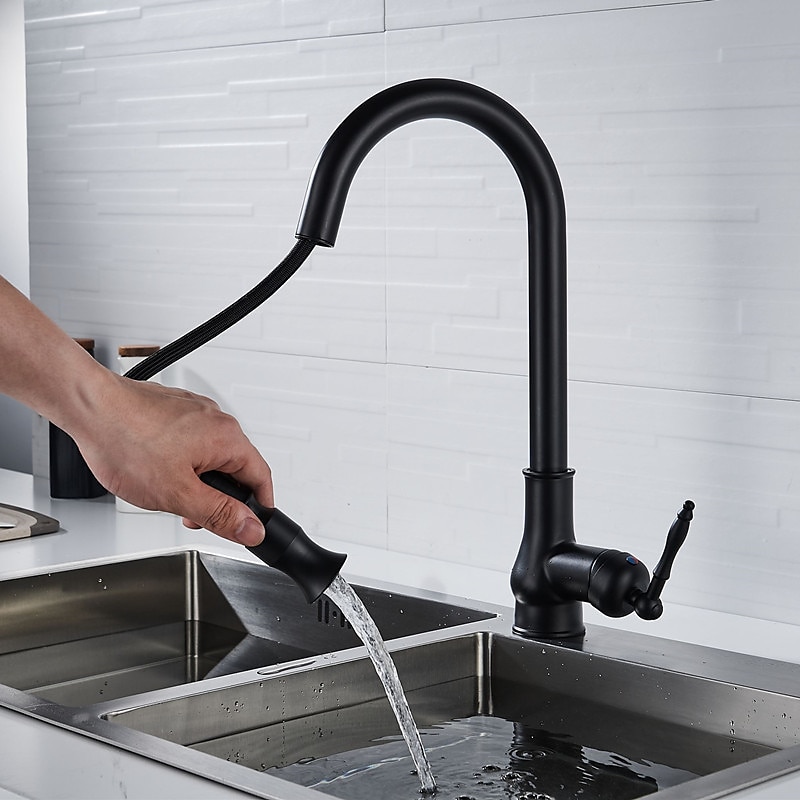 Pull Out Kitchen Faucet Sink Mixer with Sprayer Antique 360° Swivel Single Handle One Hole Pull Down Kitchen Vessel Tap Deck Mounted with Hot and Cold Water Hose 2025 - CAD $167.99 –P13