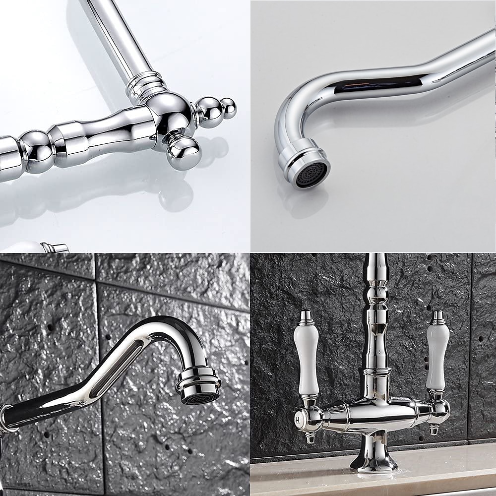 Twin Lever Traditional Kitchen Sink Mixer Taps, Dual Lever Cold and Hot Faucet Deck Mounted, 360° Swivel Spout Sink Tap with 2 Ceramic Handles, Antique Brass Classic Double Handle for Kitchen Bathroom 2025 - CAD $111.99 –P4