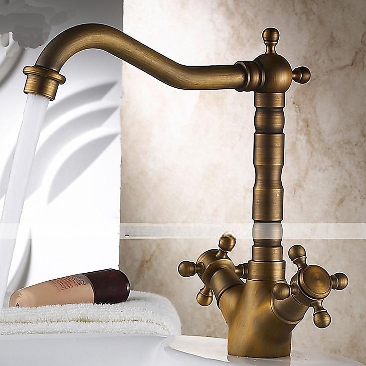 Antique Brass Kitchen Faucet,Two Handles One Hole Standard Spout Deck Mounted Traditional Kitchen Taps with Hot and Cold Switch 2025 - CAD $103.99 –P1